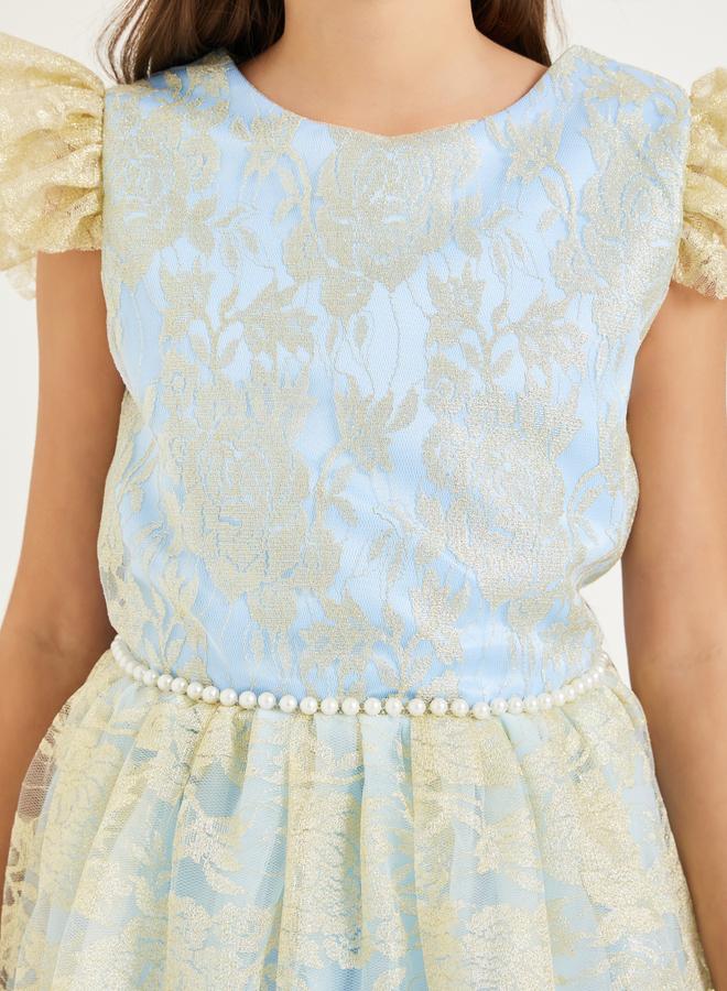 Styli Girls Light Blue Floral Mesh Detail A-Line Dress - Image 3